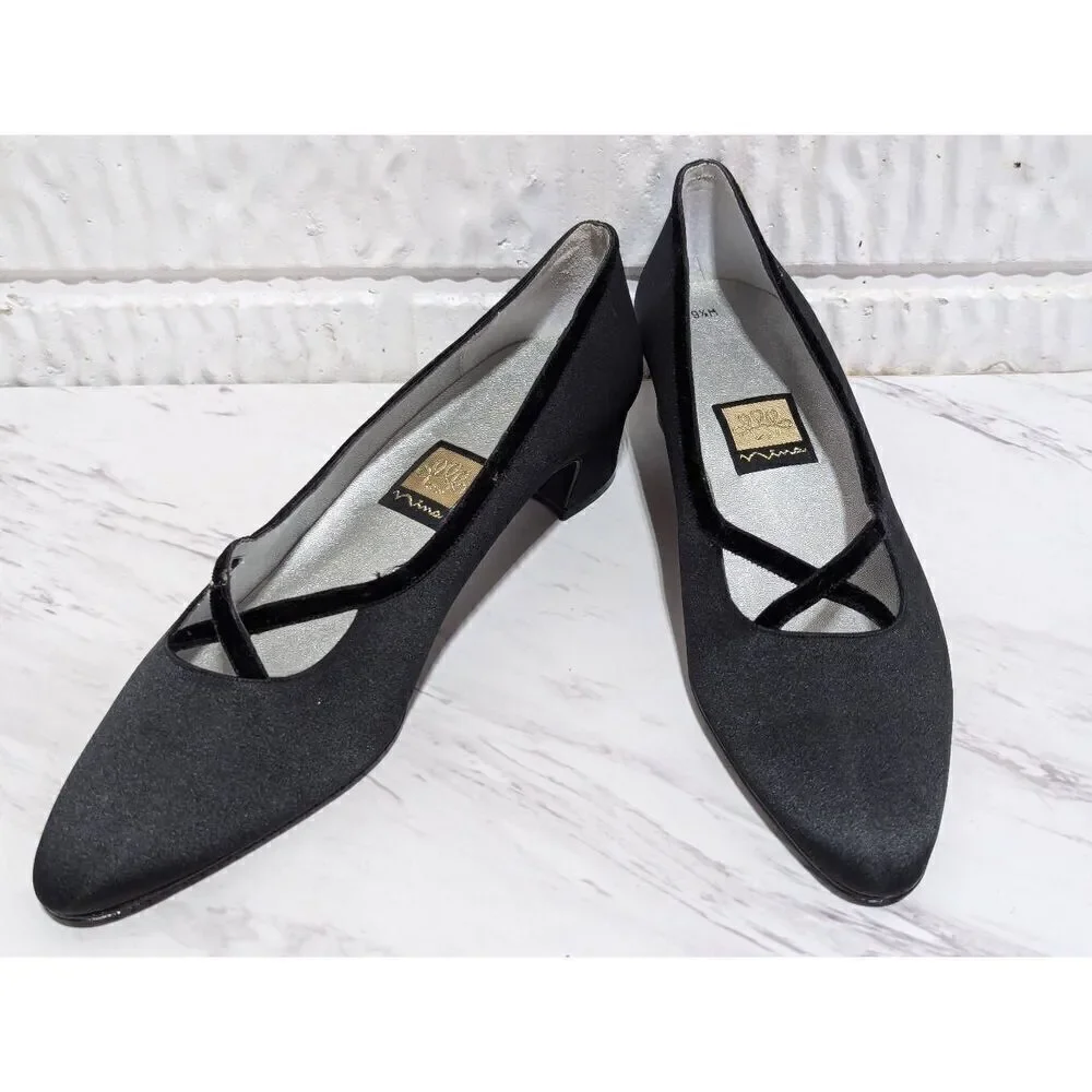 Nina Women's 9.5M Black Luster Satin Velvet Rosie Pump Heels Size 9.5M New In Bo